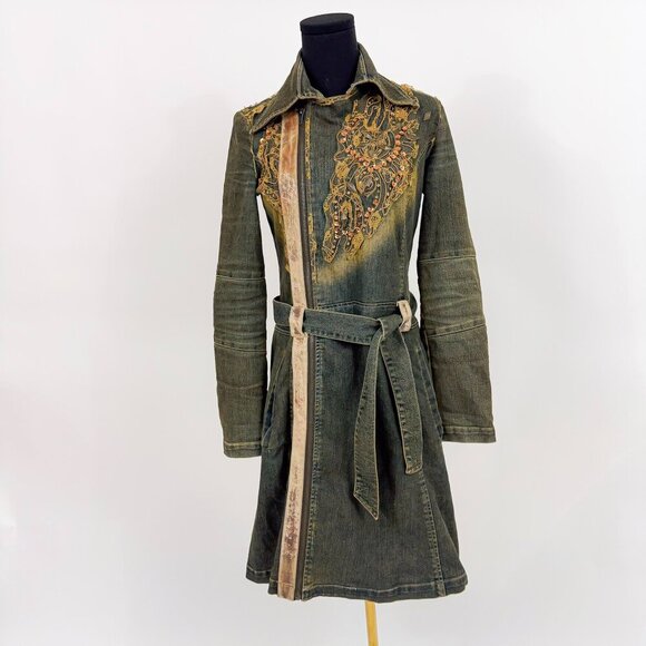 VINTAGE 90S ACID WASH SEQUIN DENIM TRENCH COAT JONINO - Picture 7 of 13